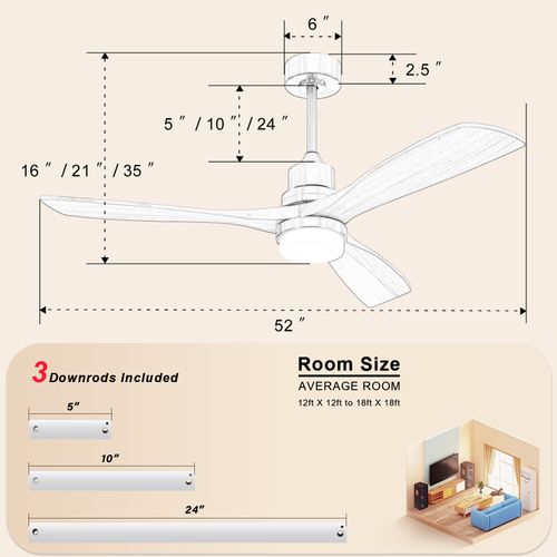 Ventilateur De Plafond 132cm + Éclairage, Télécommande à 6 Vitesses, 3 Pales En Bois Massif, Blanc