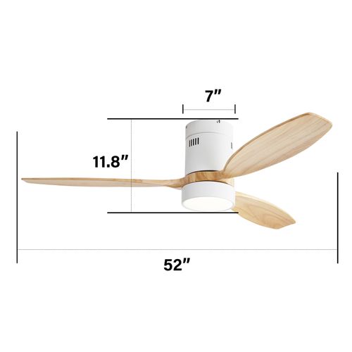 Ventilateur De Plafond 132cm + LED, Télécommande à 6 Vitesses, 3 Pales En Bois Massif, Bois Clair