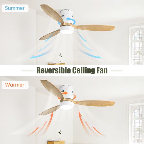 Ventilateur De Plafond 132cm + LED, Télécommande à 6 Vitesses, 3 Pales En Bois Massif, Bois Clair