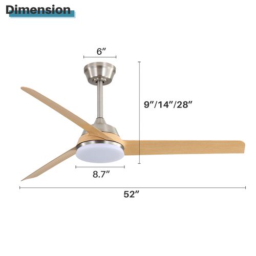 Ventilateur De Plafond 132cm + LED 22 W, 3 Pales En Abs , Et Télécommande, Coloris Naturel