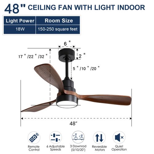 Ventilateur De Plafond 122cm Avec Éclairage LED, 3 Pales En Bois Massif , Et Télécommande, Marron