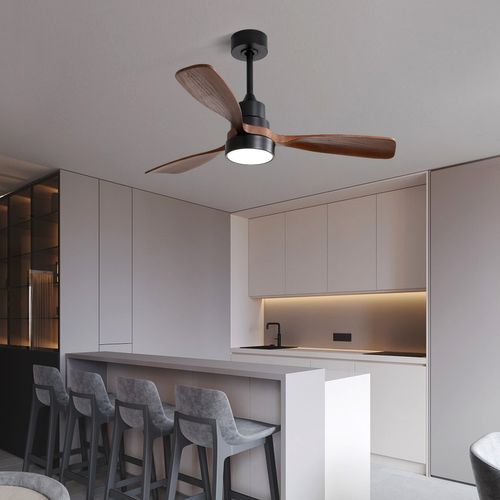 Ventilateur De Plafond 122cm Avec Éclairage LED, 3 Pales En Bois Massif , Et Télécommande, Marron