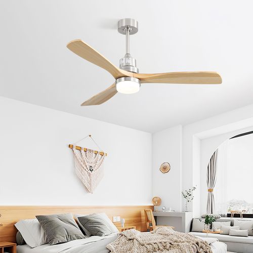 Ventilateur De Plafond 132cm + LED, 3 Pales En Bois Massif , Télécommande, Bois Clair