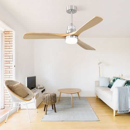 Ventilateur De Plafond 132cm + LED, 3 Pales En Bois Massif , Télécommande, Bois Clair