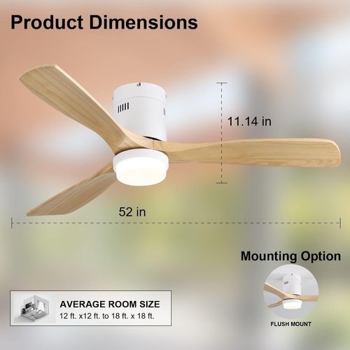 Ventilateur De Plafond 132cm + LED 18 W, 3 Pales En Bois Massif , Et Télécommande, Bois Clair