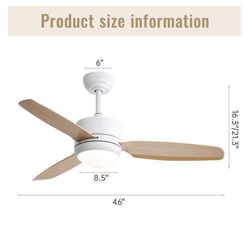 Ventilateur De Plafond 116.8 Cm + LED 18 W, 3 Pales En Abs , Et Télécommande, Blanc + Naturel