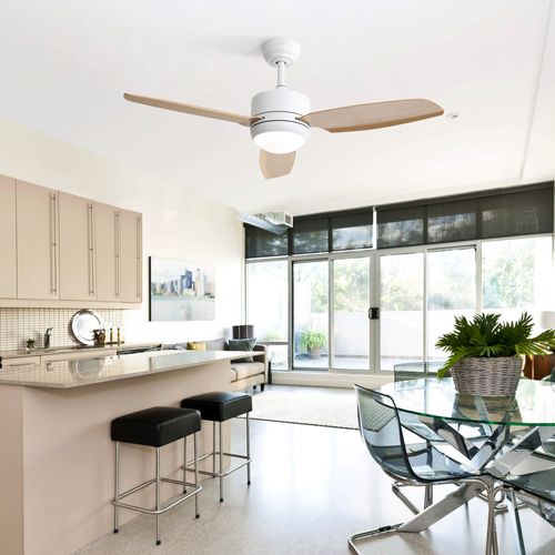 Ventilateur De Plafond 116.8 Cm + LED 18 W, 3 Pales En Abs , Et Télécommande, Blanc + Naturel