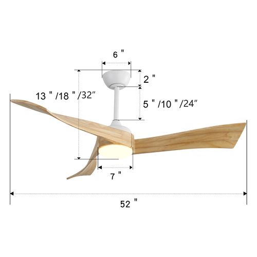 Ventilateur De Plafond 132 Cm + LED, 3 Pales En Bois , Et Télécommande, Grain De Bois Clair