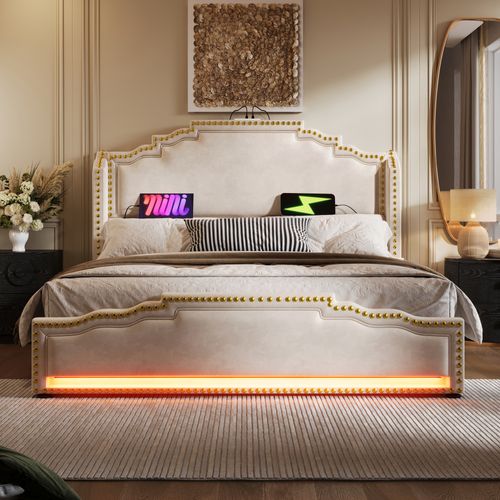 Lit Double Rembourré 180x200 Cm Avec 4 Tiroirs, Éclairage LED Et Port USB-c, Velours, Beige