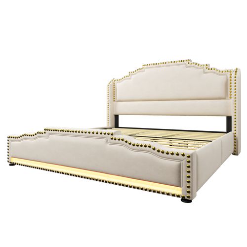 Lit Double Rembourré 180x200 Cm Avec 4 Tiroirs, Éclairage LED Et Port USB-c, Velours, Beige