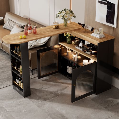 Table De Bar Rétractable Moderne 138-193 X 39 X 105 Cm Avec Espace De Rangement, LED, Mdf, Noir