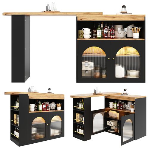 Table De Bar Rétractable Moderne 138-193 X 39 X 105 Cm Avec Espace De Rangement, LED, Mdf, Noir