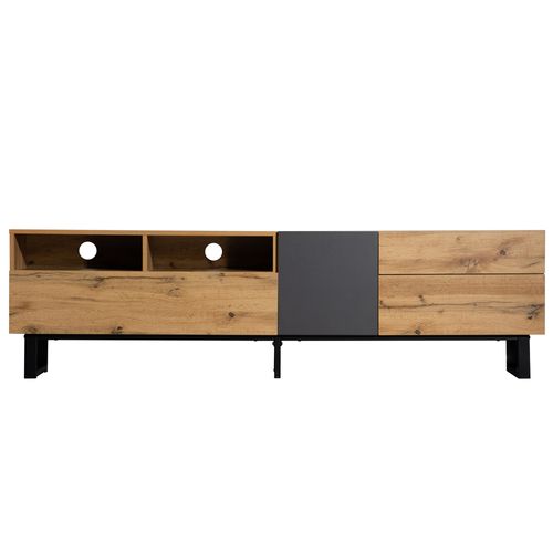 Meuble TV Moderne 180x38x50 Cm, Avec Espace De Rangement, Mdf, Grain De Bois + Noir