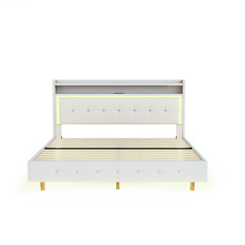 Lit Double Lit Adulte 160x200 Avec Prise USB, LED Et Tête De Lit De Rangement, En Lin, Beige