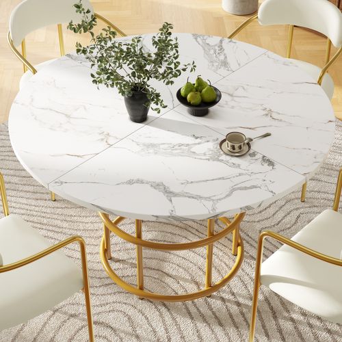 Table à Manger Ronde 4-6 Personnes, 100×100×76cm, Pieds En Métal, Table Blanche Placage De Marbre