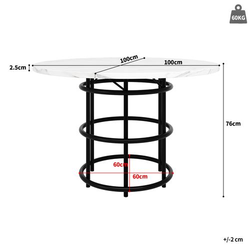 Table à Manger Ronde 100×100×76 Cm, Plateau Mdf Effet Marbre, Pieds Métal Noirs, 4-6 Personnes