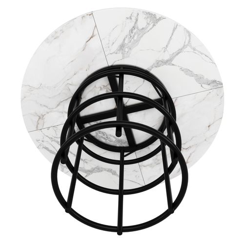 Table à Manger Ronde 100×100×76 Cm, Plateau Mdf Effet Marbre, Pieds Métal Noirs, 4-6 Personnes