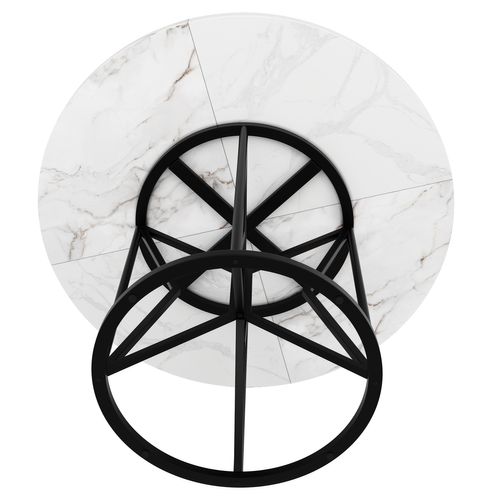 Table à Manger Ronde 100x100x76 Cm, Plateau Mdf Et Placage Marbre, Pieds Géométriques En Métal Noir