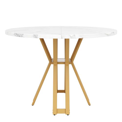 Table à Manger Ronde 100 X 100 X 76 Cm, Plateau En Mdf Placage Marbre, Pieds Doré, 4 à 6 Personnes