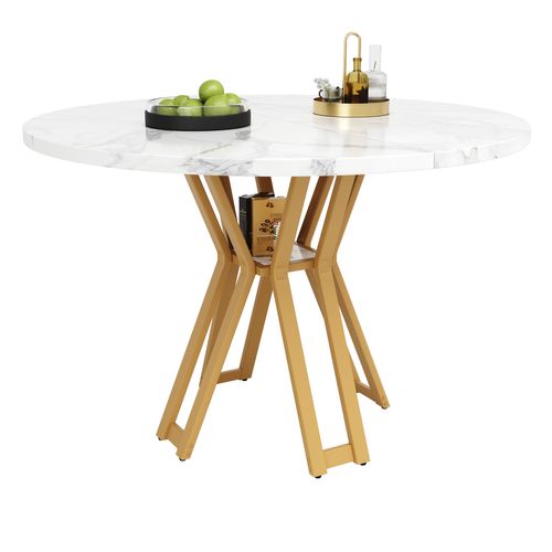 Table à Manger Ronde 100 X 100 X 76 Cm, Plateau En Mdf Placage Marbre, Pieds Doré, 4 à 6 Personnes