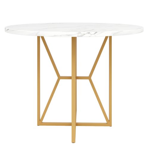 Table à Manger Ronde 80 X 80 X 76 Cm, Plateau Mdf Effet Marbre, Pieds En Métal Doré, 4 à 6 Personnes