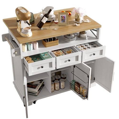 Buffet De Cuisine Moderne Avec Veinure De Bois, 118 X 43 X 98cm, Étagères Réglables, Roues, Blanc