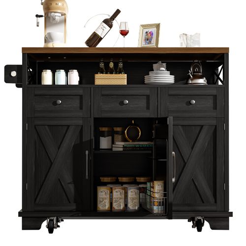 Buffet De Cuisine Moderne Avec Veinure De Bois, 118 X 43 X 98cm, Étagères Réglables, Roues, Noir