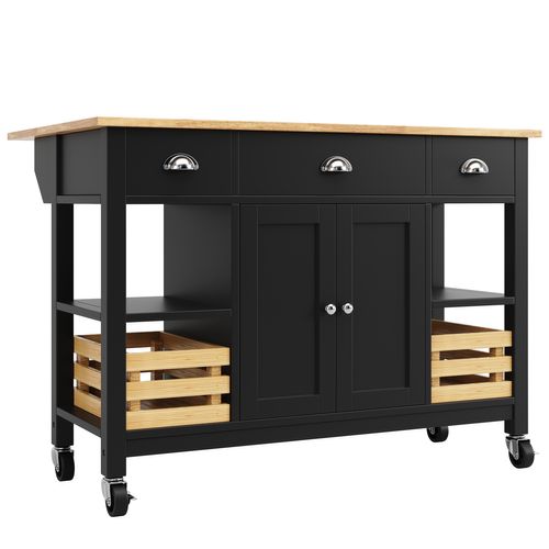 Buffet De Cuisine Moderne Avec Veinure De Bois, 120 X 45 X 90cm, Panier De Rangement En Pin, Noir
