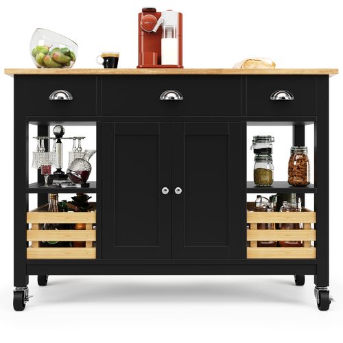 Buffet De Cuisine Moderne Avec Veinure De Bois, 120 X 45 X 90cm, Panier De Rangement En Pin, Noir