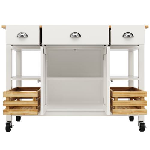 Buffet De Cuisine Moderne Avec Veinure De Bois, 120 X 45 X 90cm, Panier De Rangement En Pin, Blanc