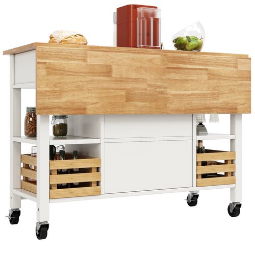Buffet De Cuisine Moderne Avec Veinure De Bois, 120 X 45 X 90cm, Panier De Rangement En Pin, Blanc