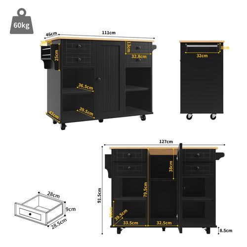 Buffet De Cuisine Moderne Avec Veinure De Bois, 127 × 46 × 91,5cm, Étagères Réglables, Roues, Noir