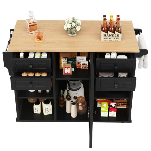 Buffet De Cuisine Moderne Avec Veinure De Bois, 127 × 46 × 91,5cm, Étagères Réglables, Roues, Noir