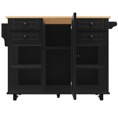 Buffet De Cuisine Moderne Avec Veinure De Bois, 127 × 46 × 91,5cm, Étagères Réglables, Roues, Noir