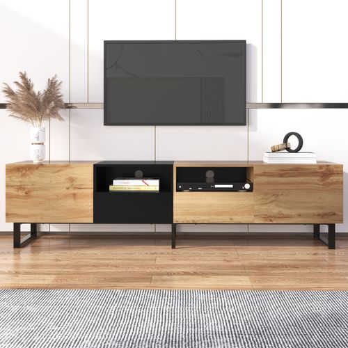 Meuble TV Moderne 190x38x48 Cm Au Design Noir Et Bois – Espace De Rangement, Pour TV 50-59 Pouces