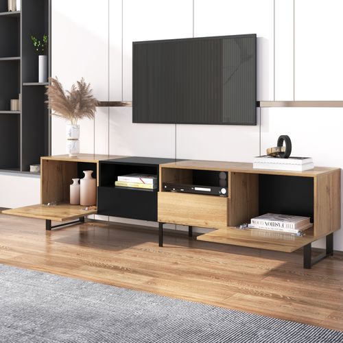 Meuble TV Moderne 190x38x48 Cm Au Design Noir Et Bois – Espace De Rangement, Pour TV 50-59 Pouces