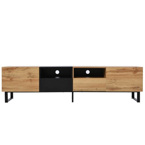 Meuble TV Moderne 190x38x48 Cm Au Design Noir Et Bois – Espace De Rangement, Pour TV 50-59 Pouces