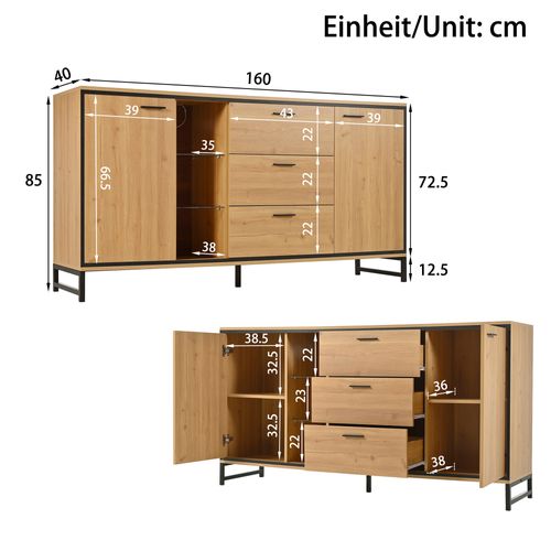 Buffet 160x40x85cm Avec 2 Portes, 3 Tiroirs Et 3 Compartiments Et LED, Couleur Noir Et Bois