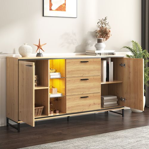 Buffet 160x40x85cm Avec 2 Portes, 3 Tiroirs Et 3 Compartiments Et LED, Couleur Noir Et Bois