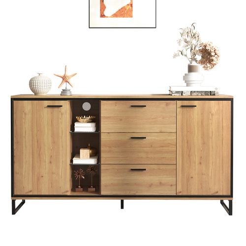 Buffet 160x40x85cm Avec 2 Portes, 3 Tiroirs Et 3 Compartiments Et LED, Couleur Noir Et Bois