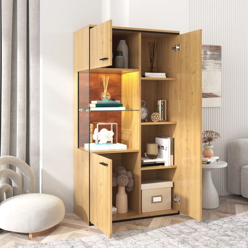 Vitrine Moderne 77.5lx40lx150h Cm, Avec Éclairage LED, Porte Vitrée, Mdf, Grain De Bois