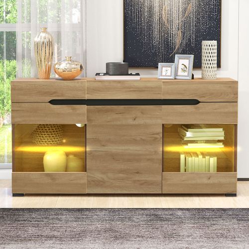 Buffet Moderne LED 140x35x80 Cm Avec 3 Portes, 3 Tiroirs, Panneau De Particules, Couleur Chêne