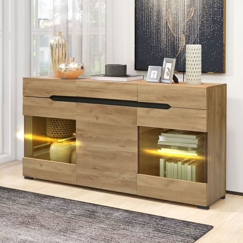 Buffet Moderne LED 140x35x80 Cm Avec 3 Portes, 3 Tiroirs, Panneau De Particules, Couleur Chêne