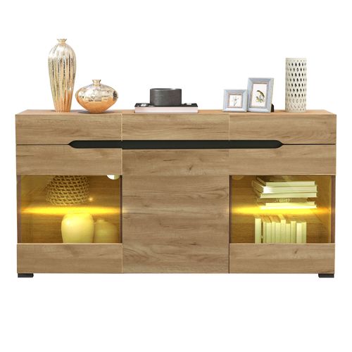 Buffet Moderne LED 140x35x80 Cm Avec 3 Portes, 3 Tiroirs, Panneau De Particules, Couleur Chêne