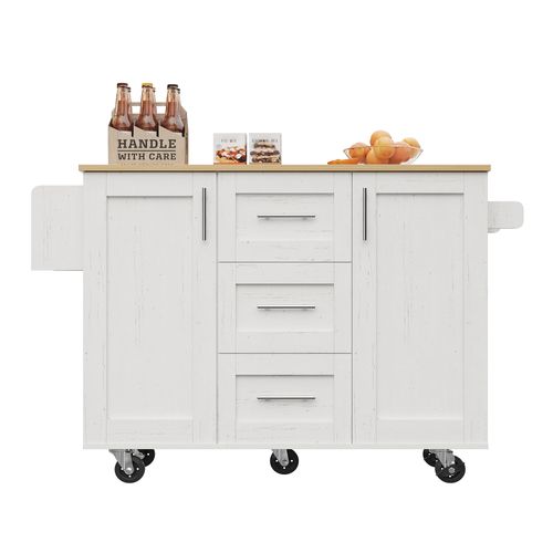 Buffet De Cuisine Rabattable, Plan De Travail Grain De Bois, Multi-storage, Porte-serviettes, Blanc