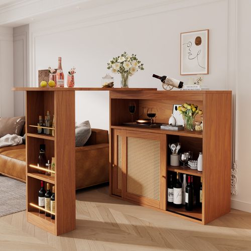 Table De Bar Extensible 138-193×39×104cm, Rangement,étagères Réglables, 3 Etagères 2 Porte, Marron