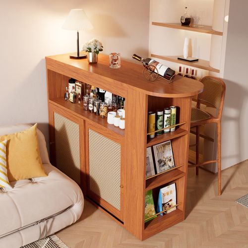 Table De Bar Extensible 138-193×39×104cm, Rangement,étagères Réglables, 3 Etagères 2 Porte, Marron
