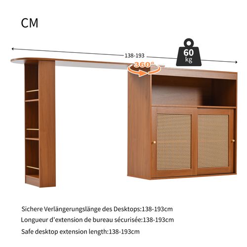 Table De Bar Extensible 138-193×39×104cm, Rangement,étagères Réglables, 3 Etagères 2 Porte, Marron