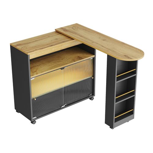 Table De Bar Extensible 138-204×39×105cm, Table De Bar Mobile, Grand Espace De Rangement, LED, Noir