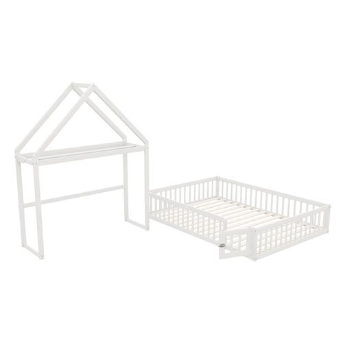 Lit Double 140 X 200cm, Lit Cabane Avec Espace De Rangement, Clôtures Et Porte, Blanc